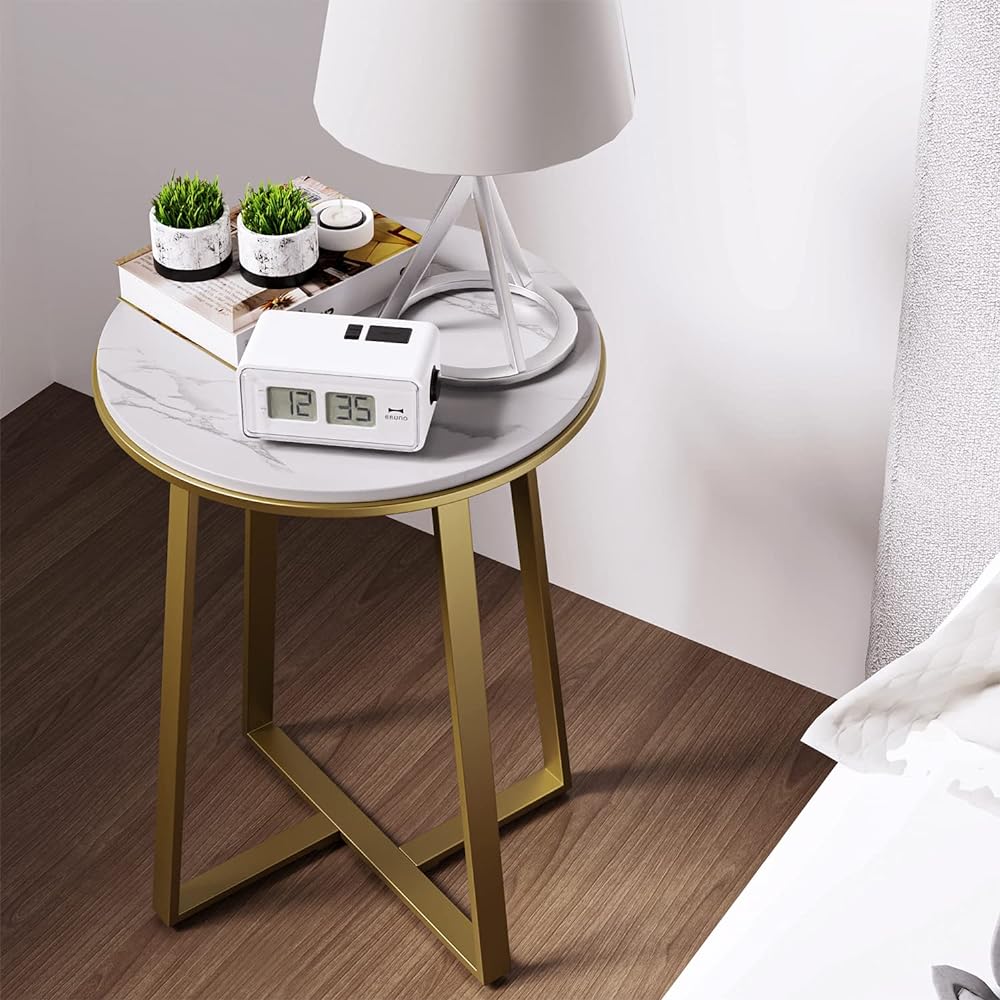 MONCOT Side Table Round Sofa Side Bedside Table Storage Table Cafe Table Small Wooden Top Metal Frame Easy Assembly Stylish Luxury Marble Pattern ET9522-WH