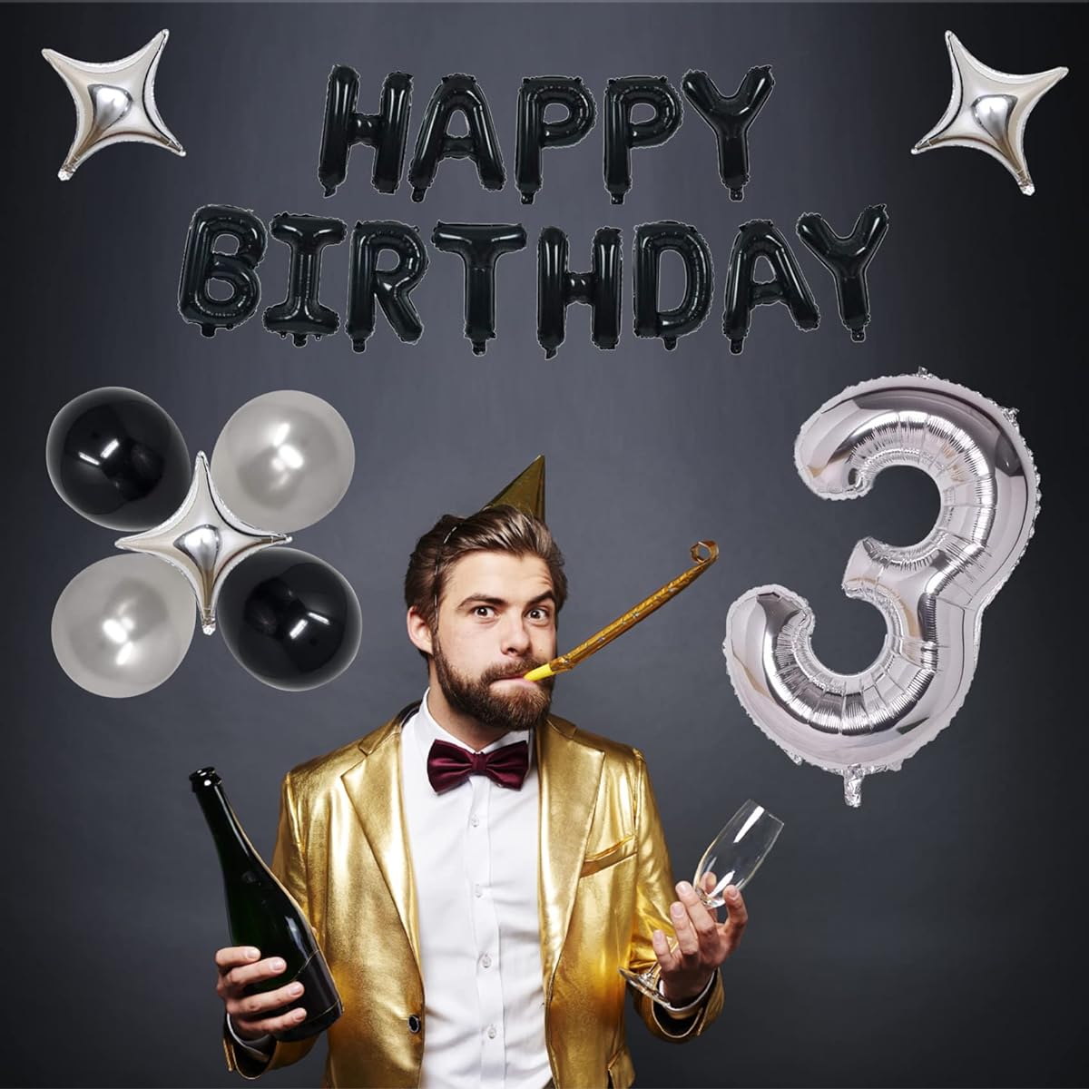 NANINUNENO 27th Black Silver Birthday Party Decorations for Men and Women, Happy 27 Birthday Party Supplies, Black Happy Birthday Banner, Silver Foil Stars, Happy Birthday Balloons for 27th Birthday