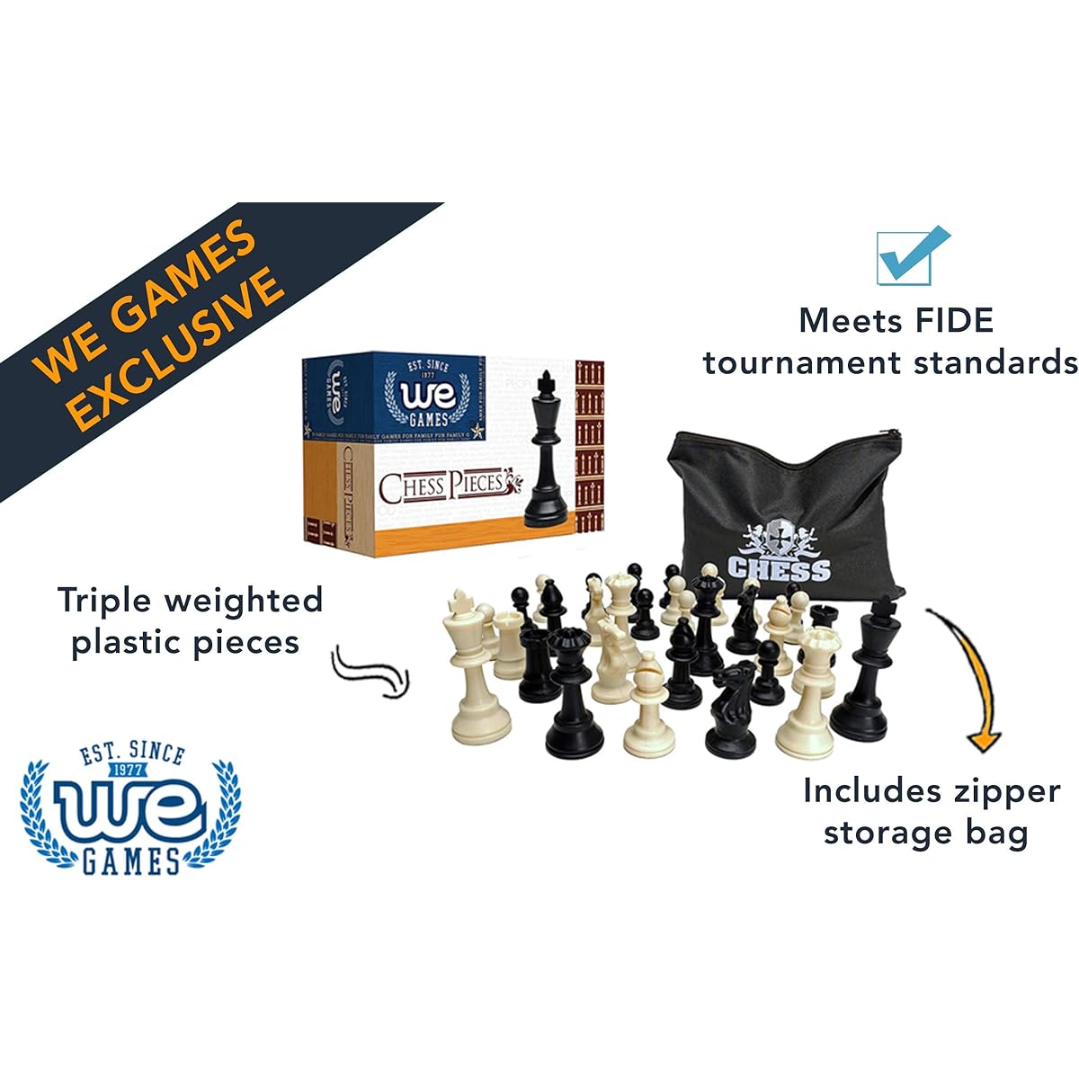 WE Games Classic Tournament Staunton Chessmen - Heavy Weighted Black & Cream Plastic Set with 3.75 Inch King