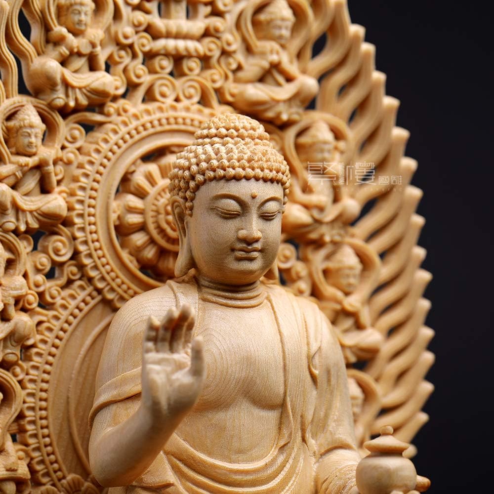 Hanro Art Sculpture Buddha Statue Yakushi Nyorai Wooden Cypress Hiten Halo Octagonal Pedestal Good Health, Healing Illness, Protection, Warding Off Misfortune, Good Luck (Height 28cm x Width 12cm x Depth 12cm) (Log wood)