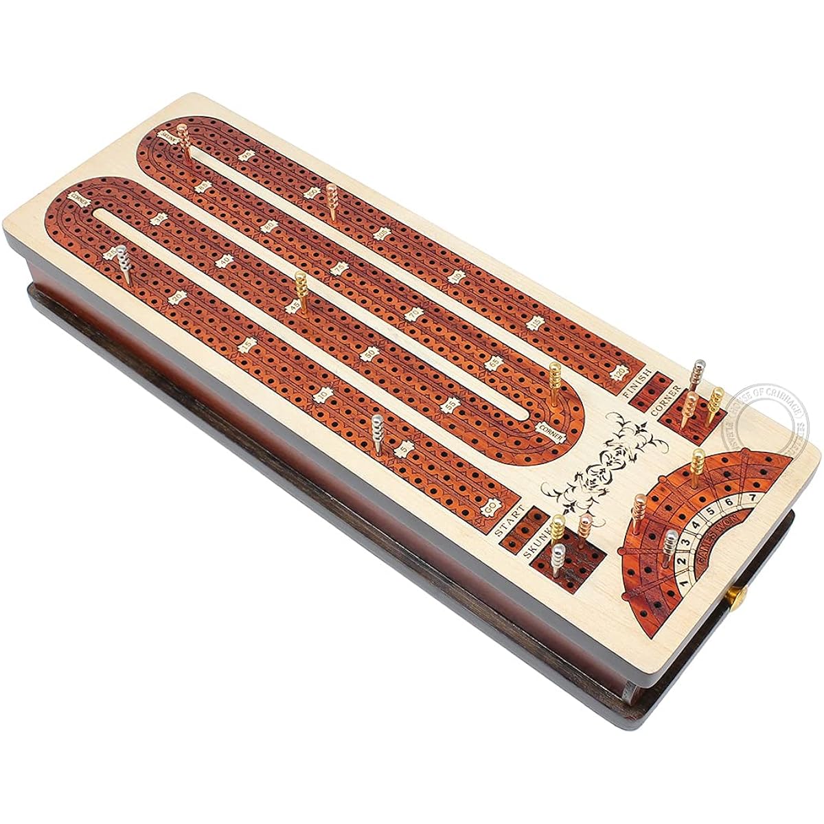 House of Cribbage - Continuous Cribbage Board 3 Track Bloodwood/Maple - Storage Drawer for Pegs and Cards Skunk Corner Win Game Score Points