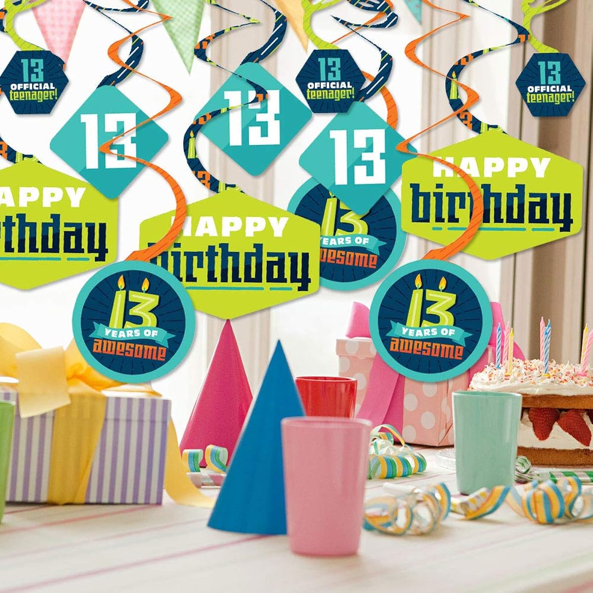 Big Dot of Happiness Boy 13th Birthday - Official Teenager Birthday Party Hanging Decorations - Party Decorations Swirls - Set of 40