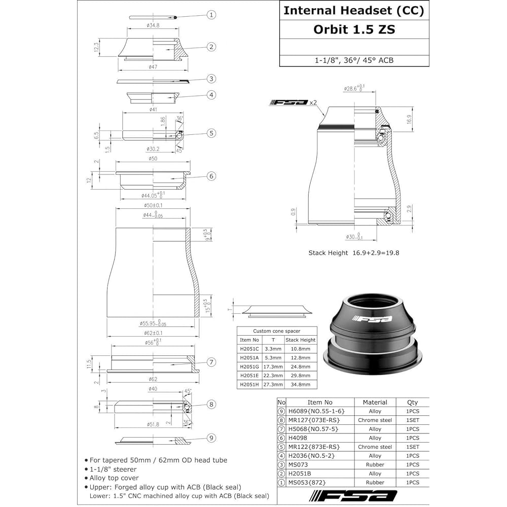FSA No.57-1 Orbit 1.5 ZS 1-1/8" Tapered Headset OD 50mm/62mm With Top Cap #XTE1667