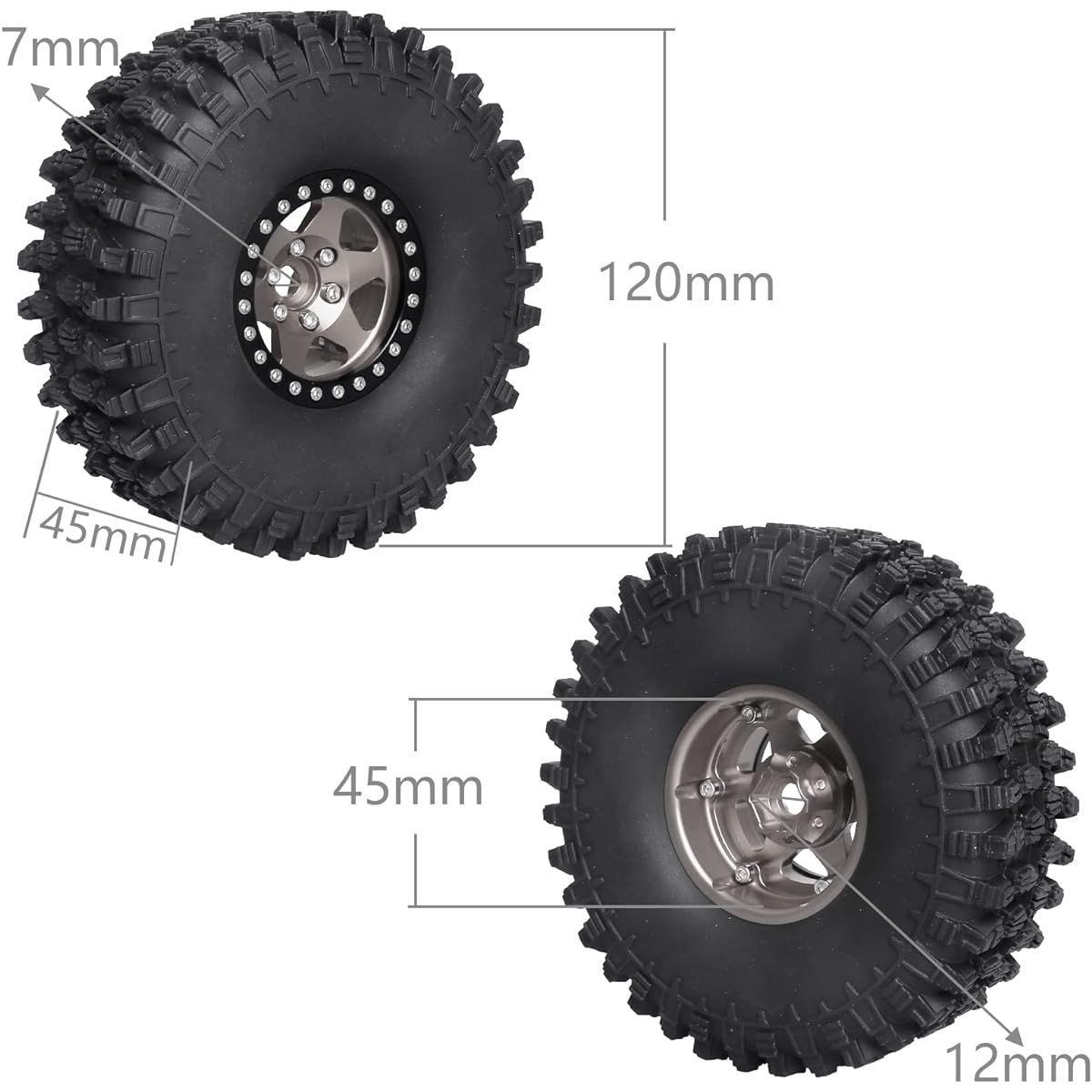 Hobbypark 1.9 Beadlock Wheels and Tires 120mm/4.72" Height for 1/10 RC Crawler with Foam Inserts, Set of 4 (Grey & Black)