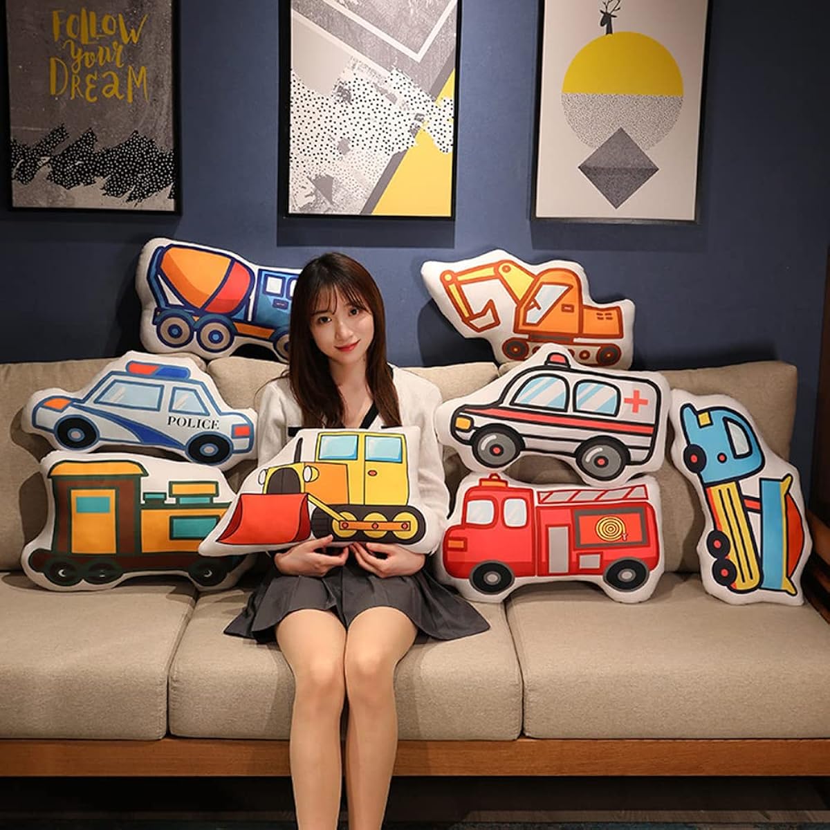XItbyja 3D Bulldozer Truck Plush Toy Engineering Vehicle Squishy Plush Pillow Sofa Throw Pillow Cushion 19.6"