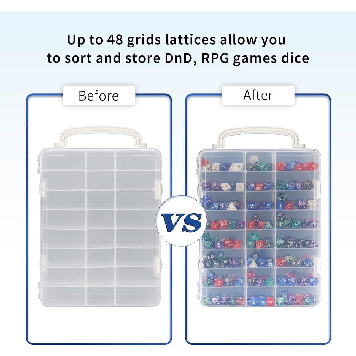 KISLANE Dice Storage Case for DND Dice with Removable Dividers, Holds up to 830 Dice, DND Dice Case with Handle, Perfect for Dice Collectors and RPG D&D Games (Transparent)