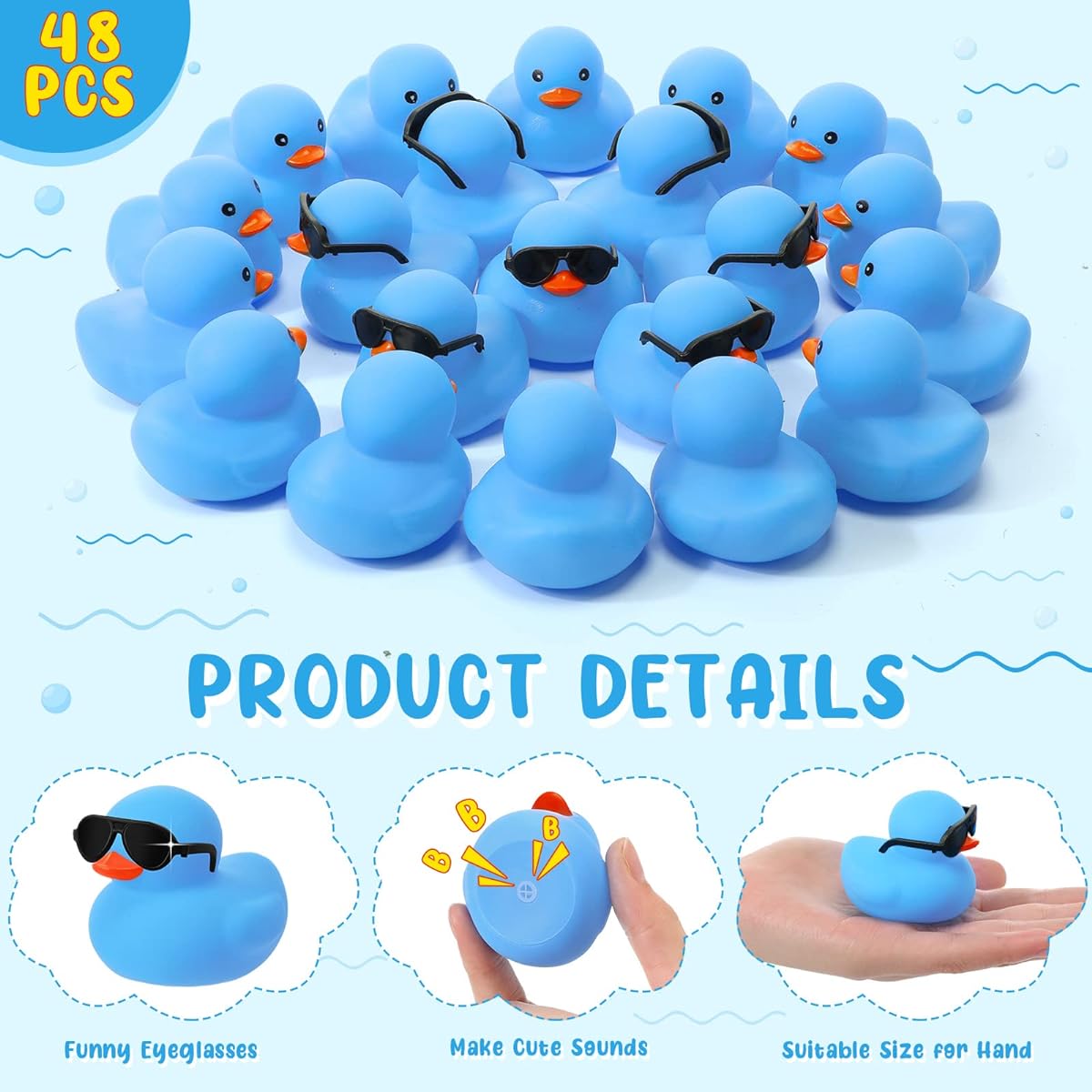 Sosation 48 Pack Mini Rubber Duck Sunglasses Set Duck Bath Toy Squeaky Rubber Duck Float Bathtub Ducky Little One Birthday Party Favors Class Carnival Prize Car Decor (Blue)