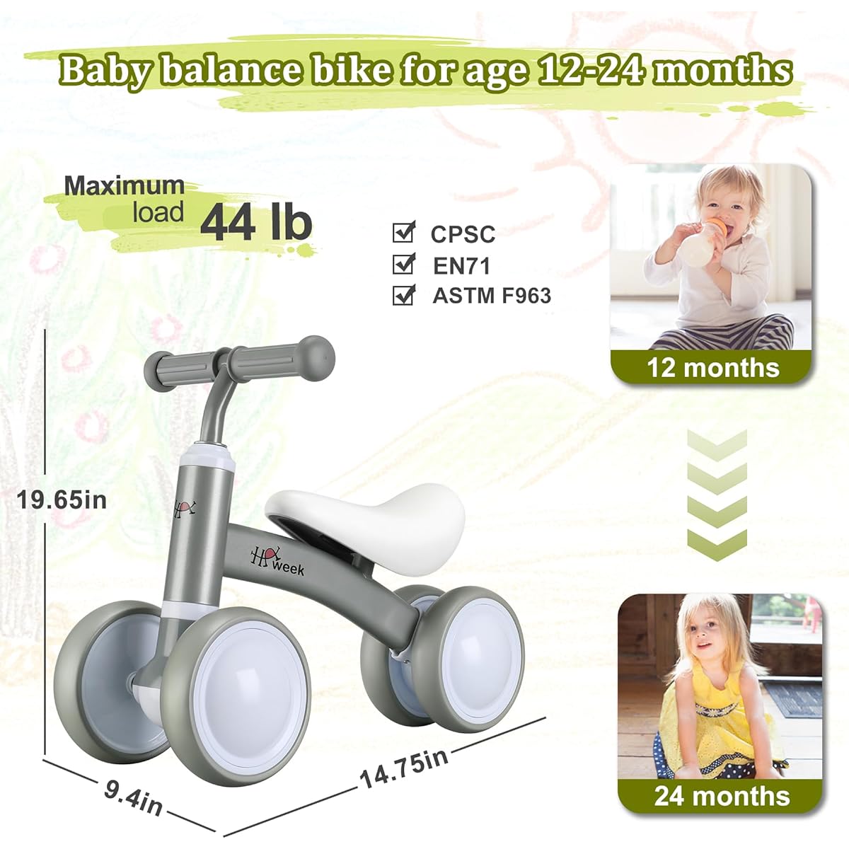 HAWEEK Baby Balance Bike Toy for 1 Year Old Boys and Girls 12-36 Months Toddler Bike Baby Walker Riding Gift for Boys Girls No Pedals Toddler 4 Wheels Baby First Birthday Gift
