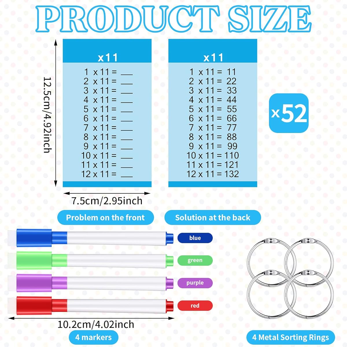 52 Pieces Multiplication Flash Cards, Math Flash Cards, Educational Time Table Flash Cards with 4 Dry Erase Markers and 4 Rings for Kids in 1st to 3rd Grade, Fun Math Classroom Learning Supplies