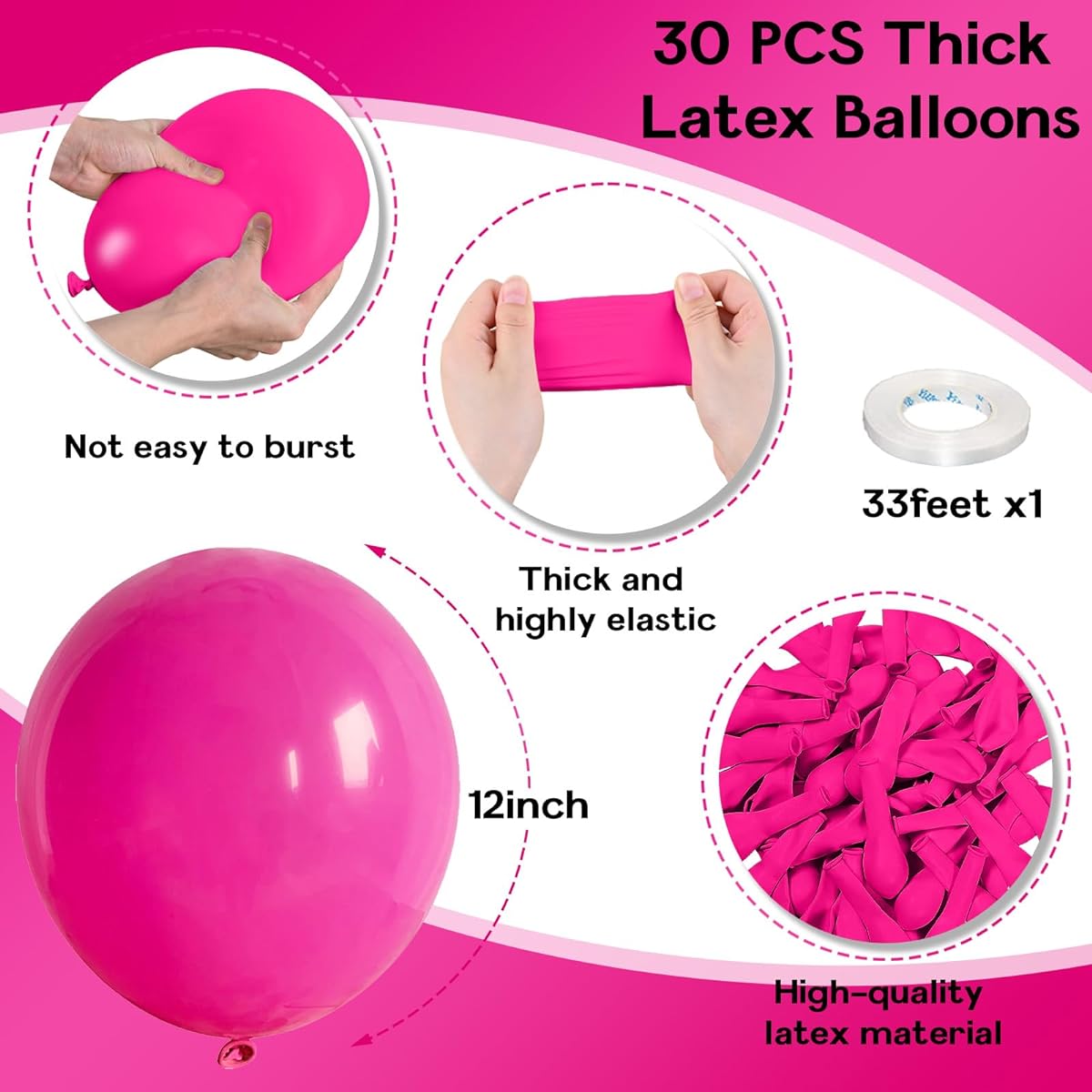 Jobkoo 12inch 30pcs Hot Pink Balloons for Birthday Anniversary Wedding Party Decorations