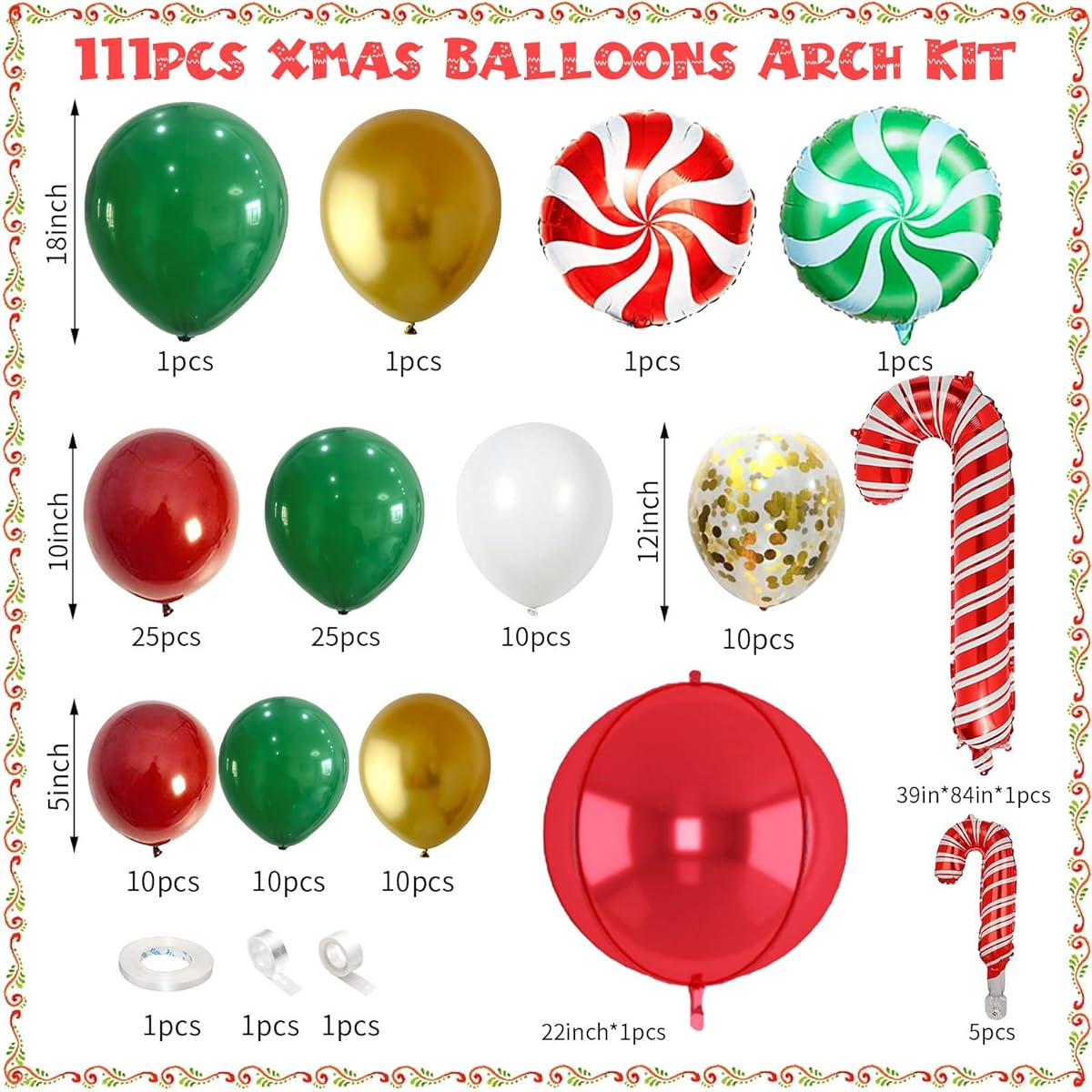 Christmas Balloon Garland Arch Kit 111 Pack Christmas Red White Green Metallic Gold Confetti Candy Cane Foil Balloons Christmas Red 4D Foil Balloons New Year Winter Holiday Party Decoration