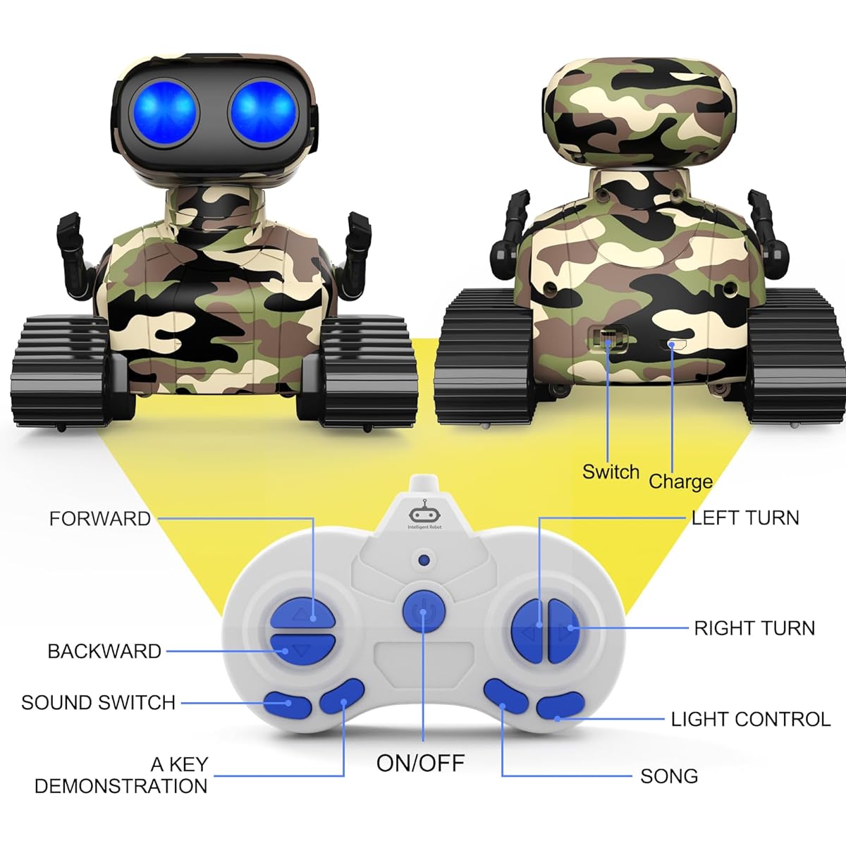 WeWi HLTH Robot Toy Rechargeable RC Robot for Boys RC Robot Toys for Kids with Music and LED Eyes Ages 3+ Boys/Girls Toys (Camo Yellow)