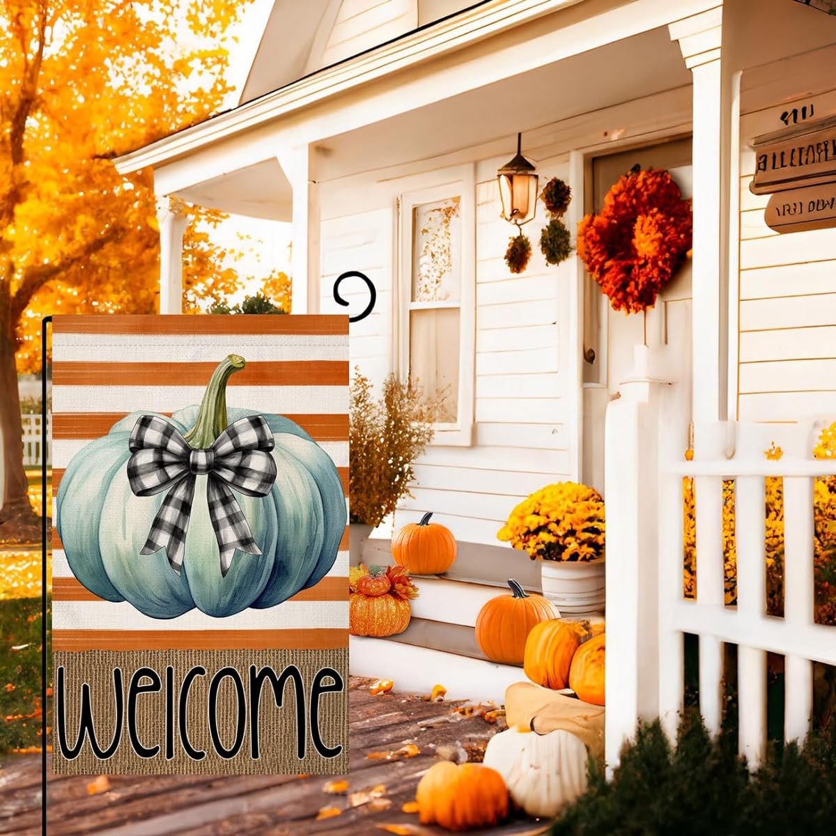 BLKWHT Welcome Fall Garden Flag 12x18 Vertical Double Sided Orange Striped Pumpkin Autumn Thanksgiving Holiday Outdoor Decor Burlap Yard Flag BW493