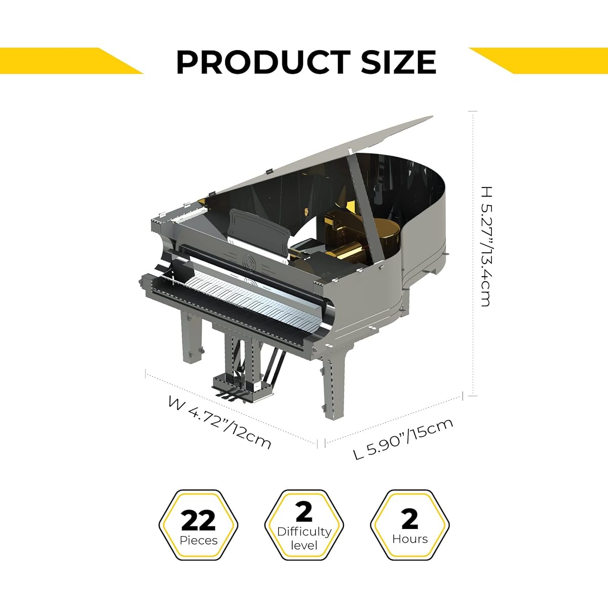 METAL-TIME, Grand Piano, 3D Metal Model Kit, Grand Piano 3D Puzzle, Grand Piano Model with Two-Color Design, SANKYO Music Box with Melody Castle in the Sky.