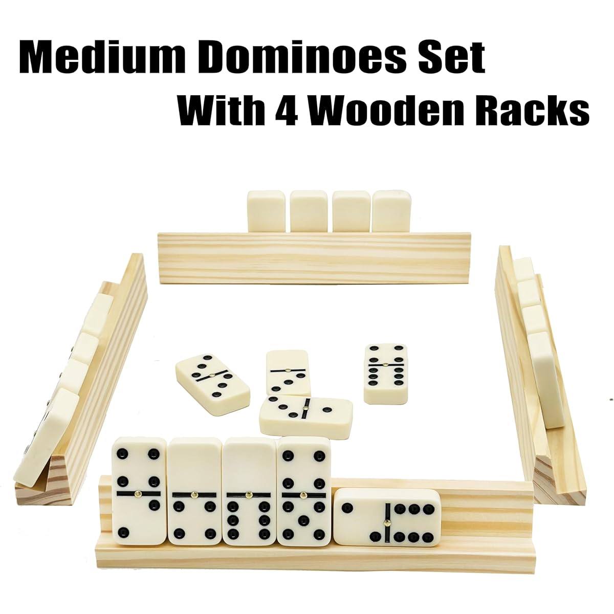 ESSAJOY Domino Set for Adults with 4 Racks/Trays, Domino Set Double Six in Wooden Box, Double Six Travel Domino Set with 4 Tile Holders, 28 Pieces, Standard Domino Set with 28 Tiles