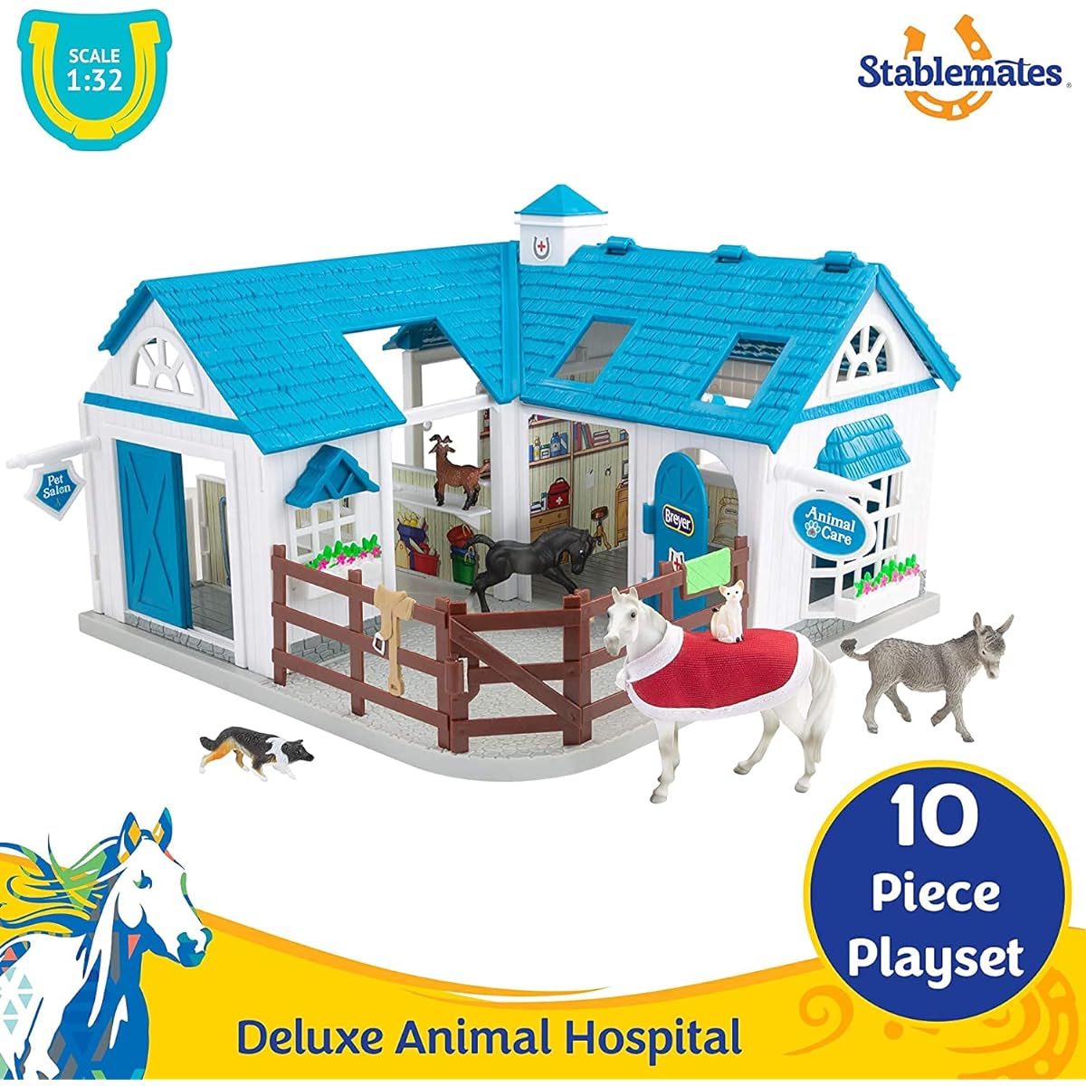 Breyer Stablemates Deluxe Animal Hospital | 10 Piece Set | 1:32 Scale | 11.4" L x 7.6" W x 9.25" H | Model #59214 Blue