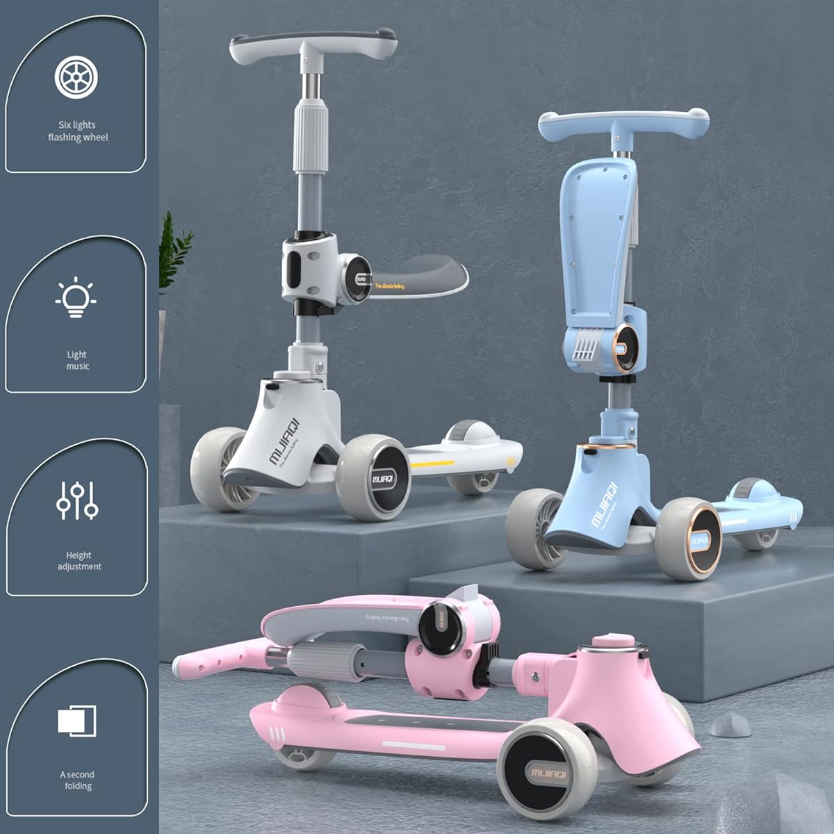 Kids Scooter, Kids Toddler Toy 3 Wheel Foldable Kick Scooter with Adjustable Height, Non-Slip Deck, Flashing Wheel Lights, for Boys and Girls, Ages 2-12