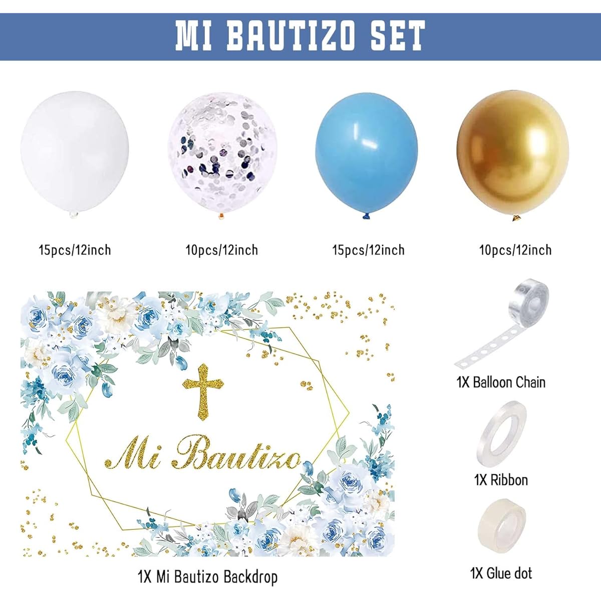 Mi Bautizo Backdrop Mexican Baptism Party Decorations Blue Flower Background Blue Gold Balloon Garland God Bless First Communion Baptism Faith Party Baby Shower
