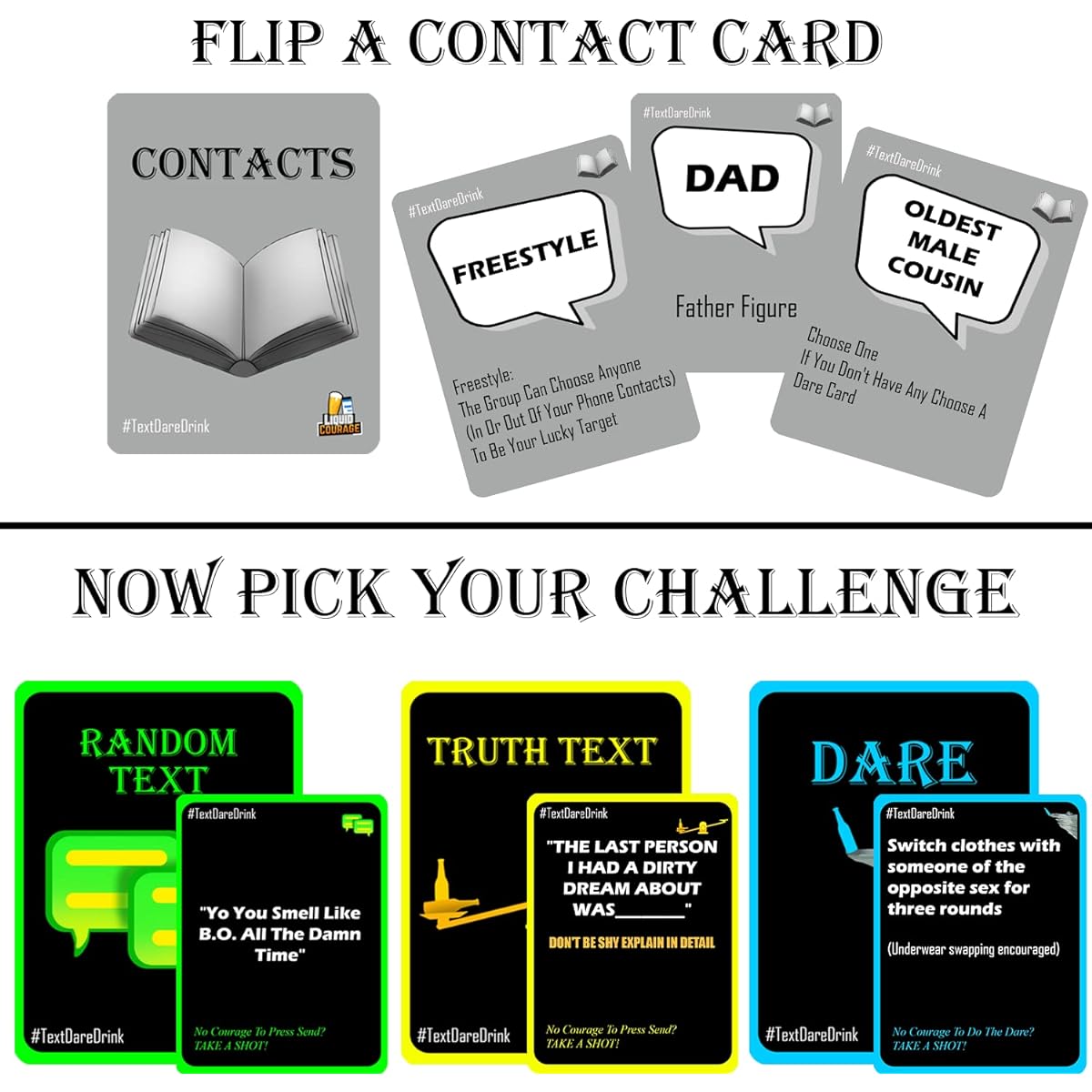 Liquid Courage – Interesting and Fun Card Game for Adults for Parties | Text - Dare – “Hydration” + Bonus Card Expansion Pack 90 Cards