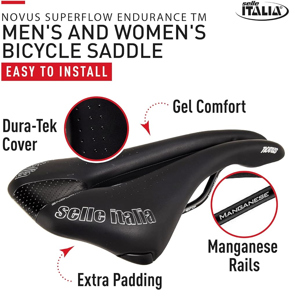 Selle Italia SELLE ITALIA NOVUS Endurance TM Mn BK S S.Flow Saddle Weight: 306g Width: 138mm Length: 282mm Rail Material: Hollow Manganese (7mm)