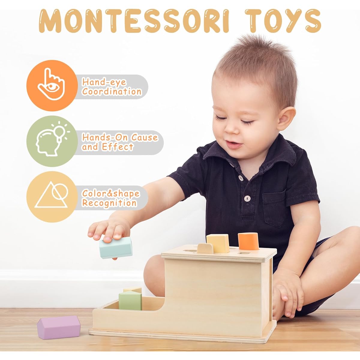 Busy Edition Montessori Toy Object Permanent Box with 6 Wooden Blocks Montessori Toys for Babies 6-12 Months Wooden Baby Toys for 1 Year Old Toddlers Ball Drop Toys for 1, 2, 3 Year Olds