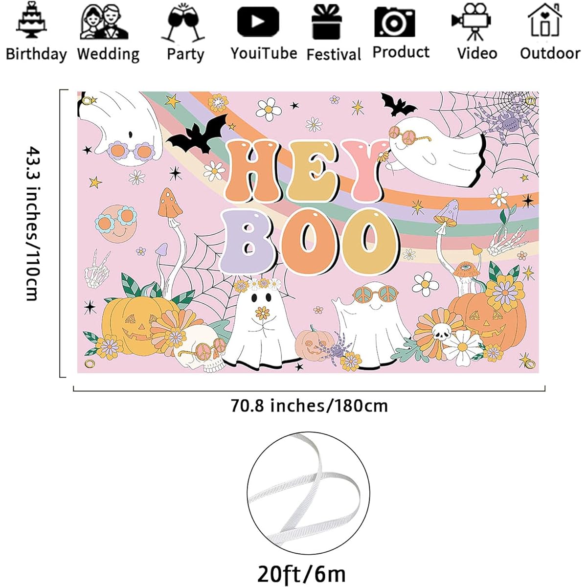 Avezano Halloween Hey Boo Baby Shower Backdrop Halloween Groovy Boho Rainbow Retro Hippie Theme Baby Shower Banner Little Boo Daisy Baby Shower Party Decorations Photo Background 70.8 x 43.3 Inch