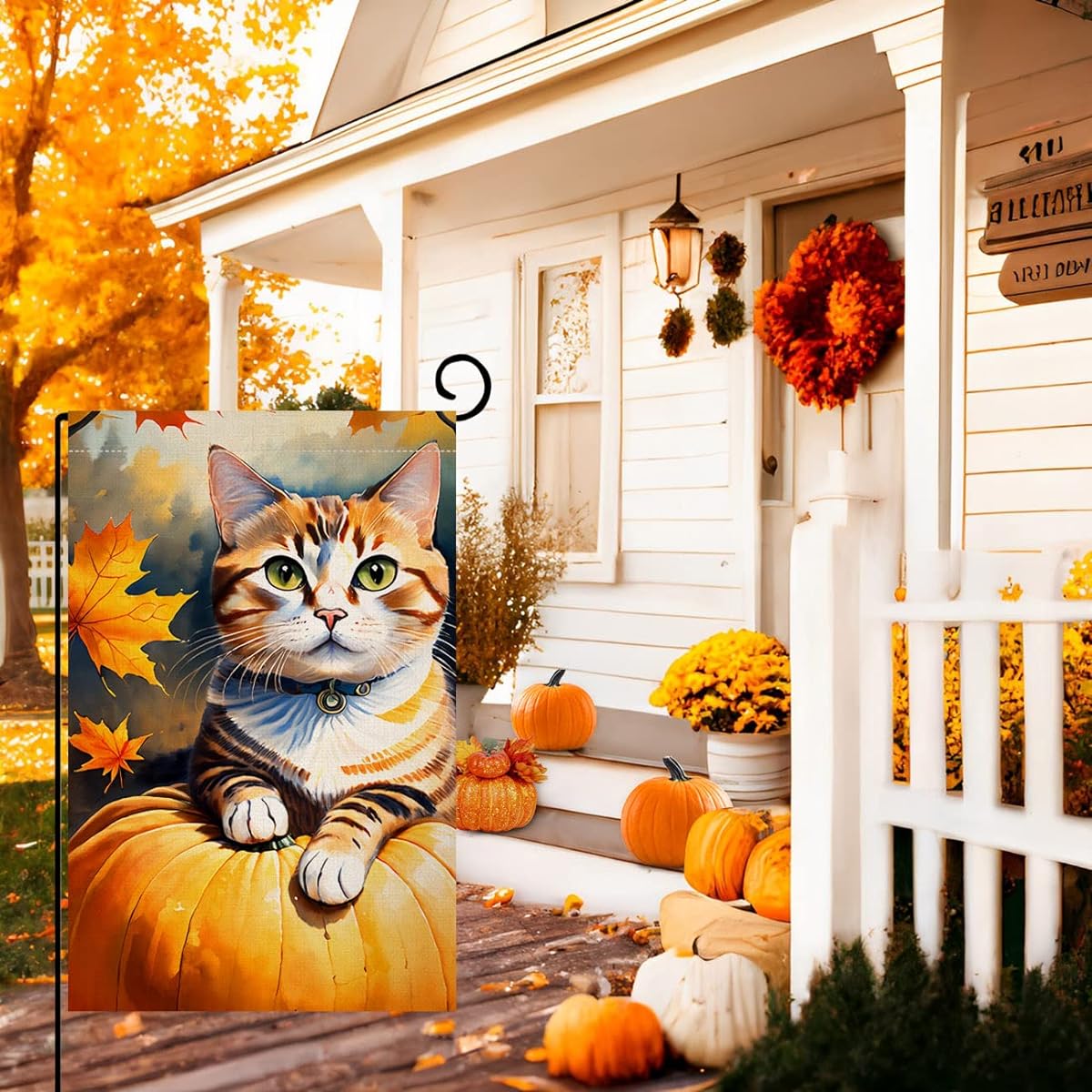 Autumn Cat Garden Flag 12x18 Vertical Double Sided Fall Pumpkin Maple Leaf Thanksgiving Holiday Outdoor Decor Burlap Yard Flag BW467