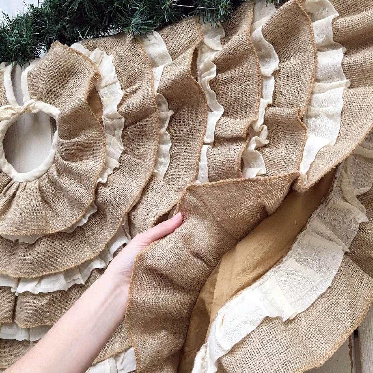 JCS 48" Round Ruffle Tobacco Cloth & Burlap Rustic Farmhouse Christmas Tree Skirt