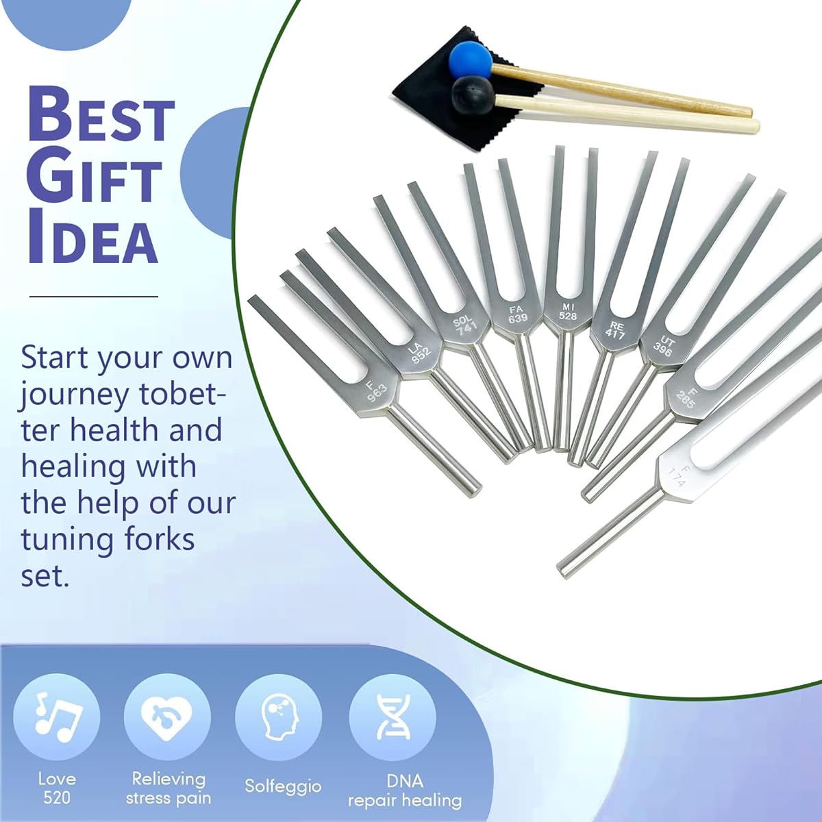 Solfeggio Tuning Fork Set BEAUTI4U Solfeggio Healing Tuning Fork 174Hz 285Hz 396Hz 417Hz 528Hz 639Hz 741Hz 852Hz 963Hz Tuning Fork with Silicone Hammer and Bag (Silver)