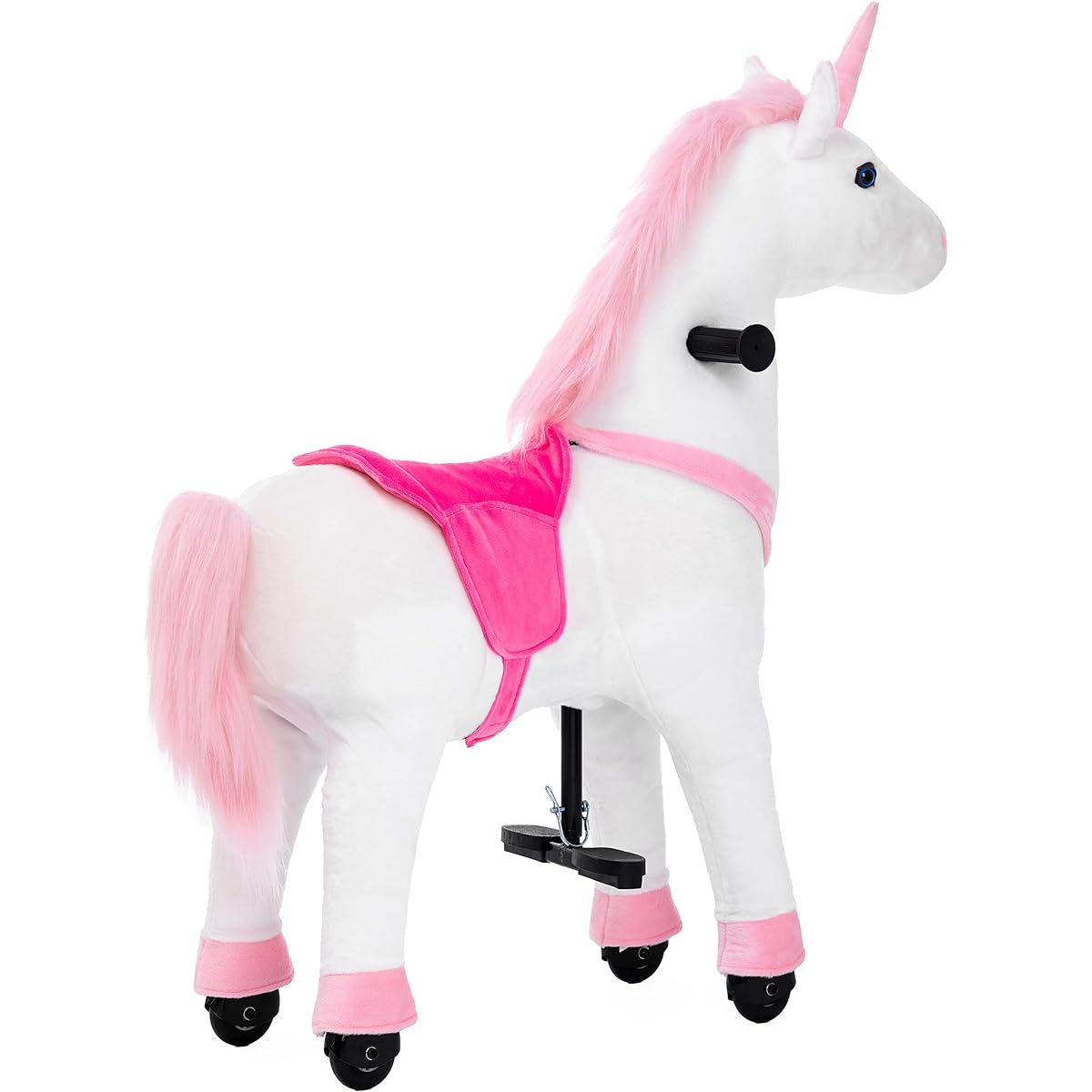 PONYEEHAW Unicorn Ride On Toy Kids Horse Riding Toy Age 4-9 Premium Plush Animal Toy Walking Horse with Wheels 33.5"L x 11.8"W x 36"H