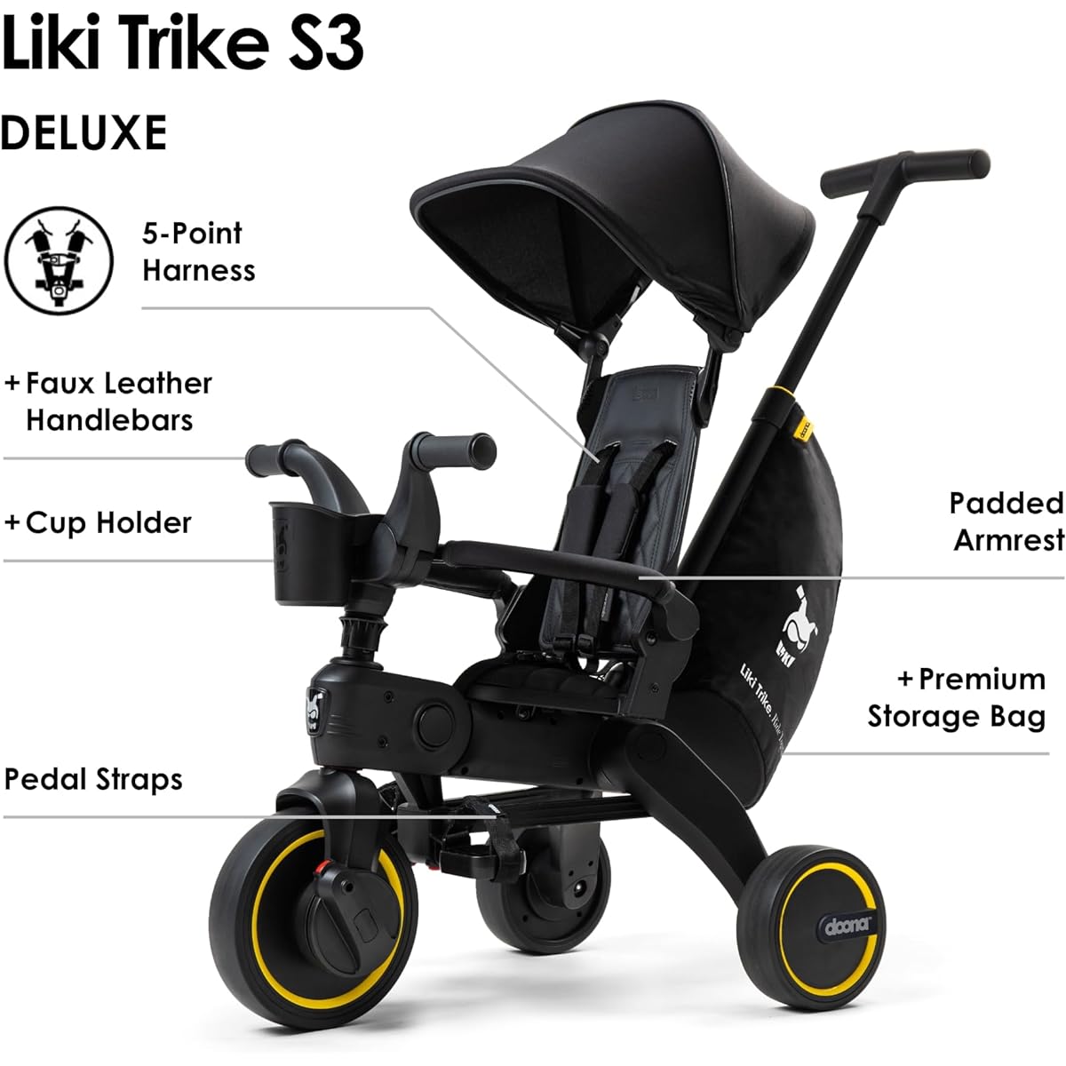 Doona Liki Trike S3, Midnight Edition - 5-in-1 Compact, Foldable Tricycle - Perfect for Toddlers Ages 10-36 Months