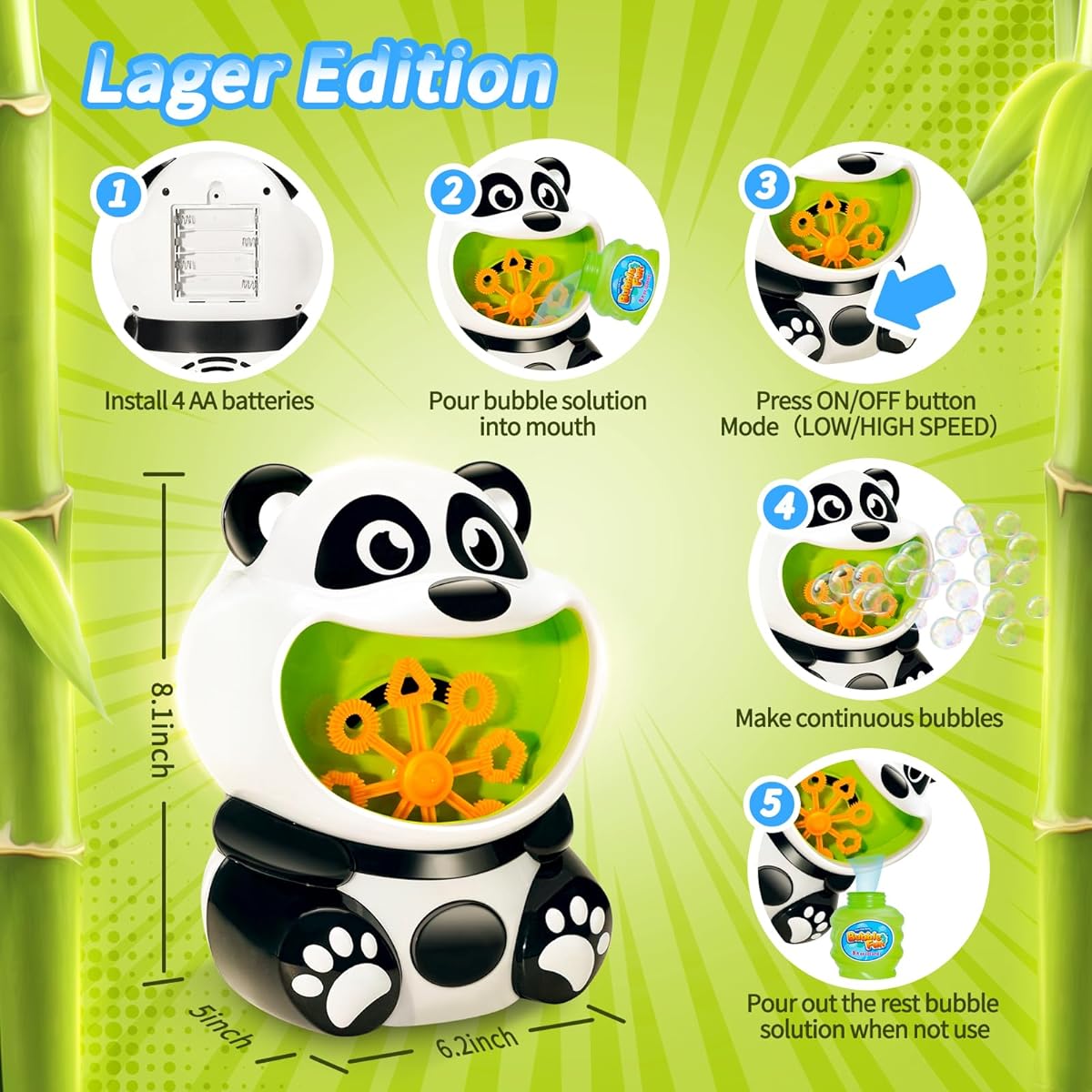 Panda Bubble Machine for Kids, Bubble Solution for Outdoor Parties, Birthday Gift (Large)