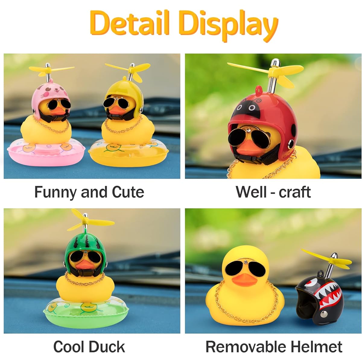 wonuu Car Duck Dashboard Decoration Rubber Duck Car Ornament with Propeller Helmet Swim Ring Necklace Sunglasses
