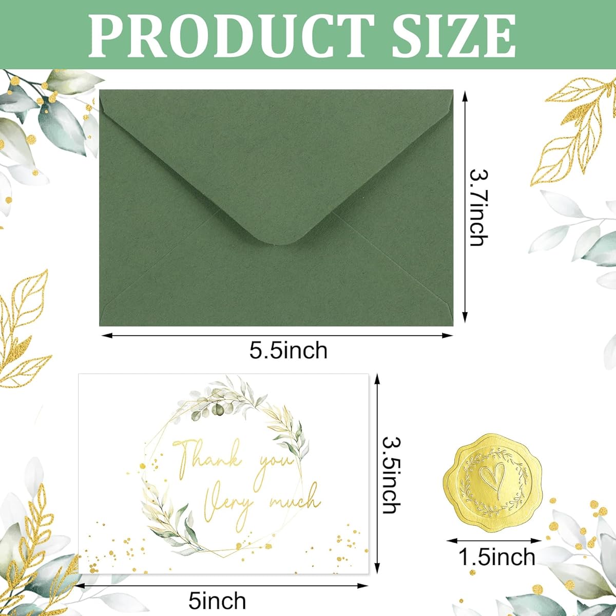 Eucalyptus Thank You Cards with Envelopes Bulk 5 x 3.5 Inch Gold Foil Greenery Thank You Cards for Baby Shower, Bridal Shower, Wedding, Birthday, Graduation, Engagement Party, 120 Count