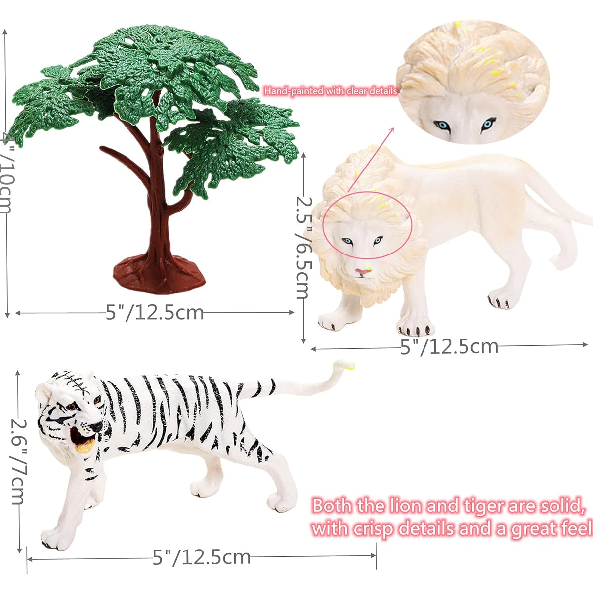 Qiandier 2 Pieces Realistic White Tiger Figurine Lion and Wild Animal Figures Model with Plastic Tree