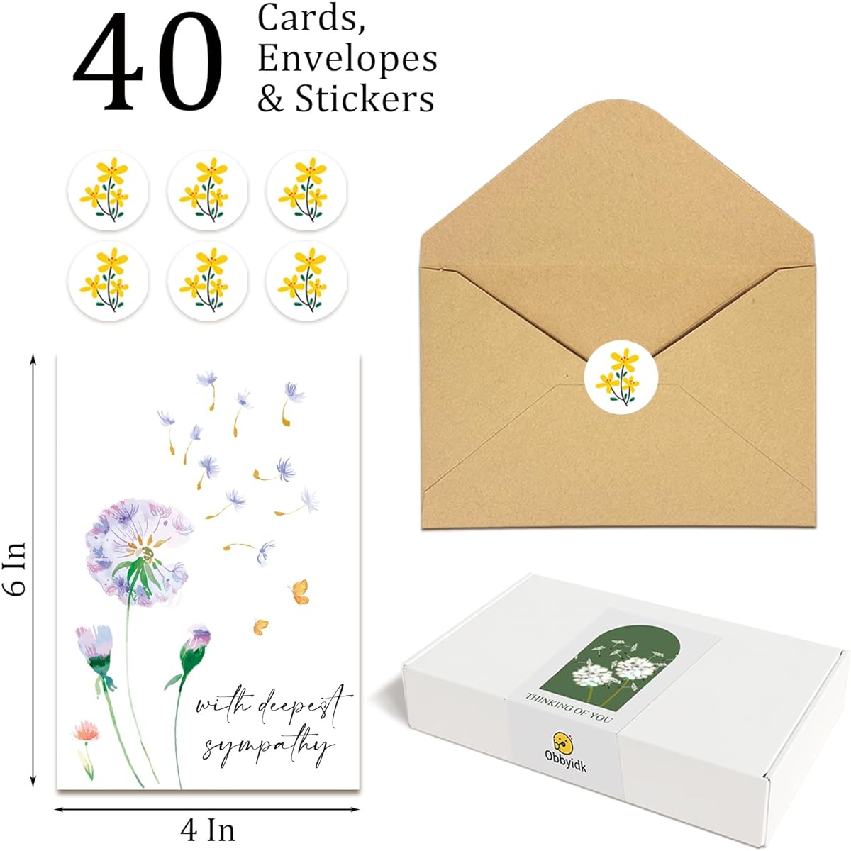 Obbyidk 40 Pack Sympathy Cards with Envelopes, Watercolor Floral Sympathy Cards, Sympathy Cards Bulk Box Set, Thinking of You Cards, Floral Sympathy Card Set, 4 x 6 Inch