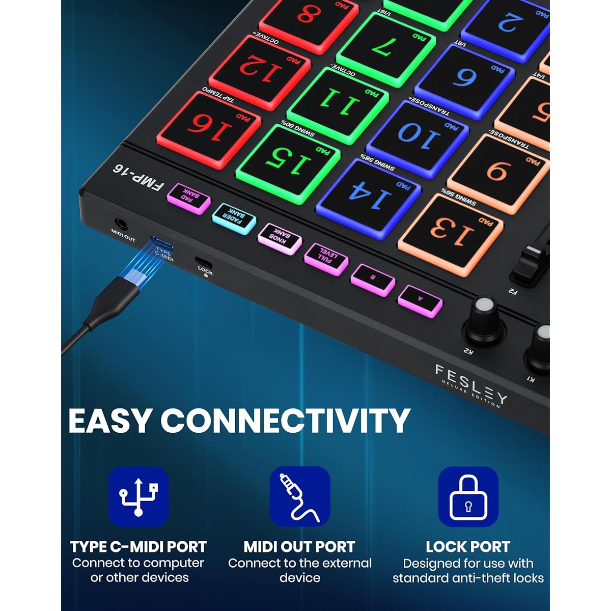 Fesley MIDI Pad Beat Maker, USB MIDI Keyboard Controller with 16 Drum Pads for Beginners, 2 Assignable Faders & Knobs, Note Repeat & Full Level Buttons, Portable Beat Machine for Music Production