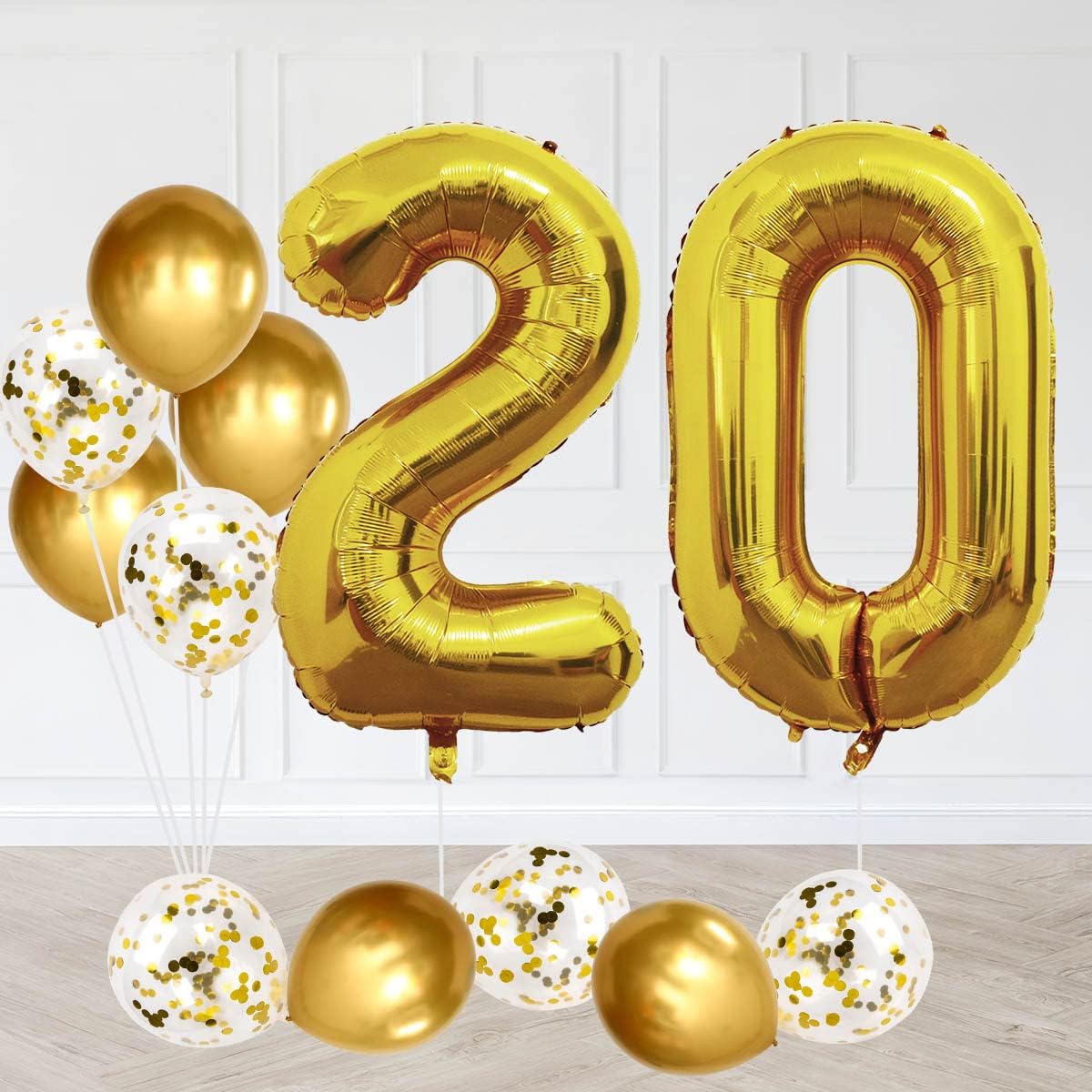 Gold 20th Birthday Balloons Set, Large 40 Inch Foil Number 20 Jumbo Party Confetti Latex Decorations for Girls Boys
