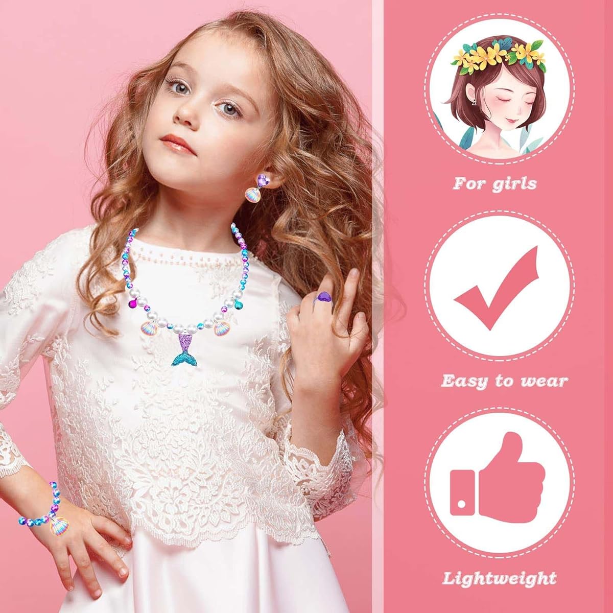 DkakoJew Girls Jewelry Set Necklace Bracelet Earrings Ring Set Mermaid Necklace Girls Jewelry Set Halloween Christmas Birthday Gift, 925 Silver, Cubic Zirconia Crystal