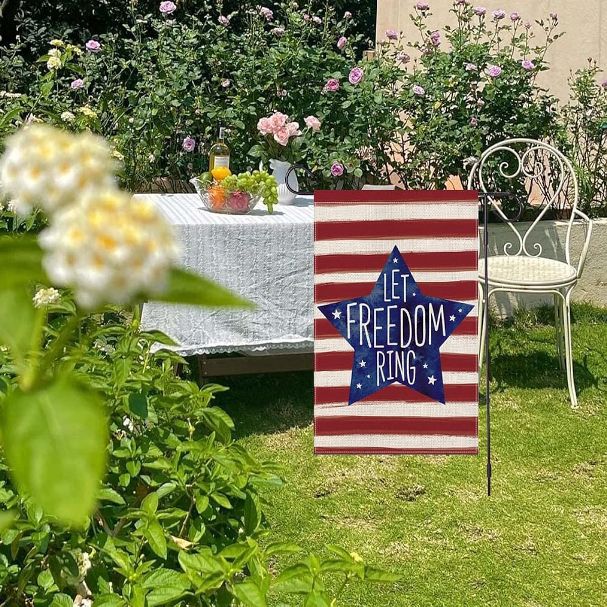 LTDKAEN Independence Day Garden Flag 12 x 18 Inch Double Sided Freedom Ring Flag Patriotic Stars and Stripes Yard Outdoor Decor