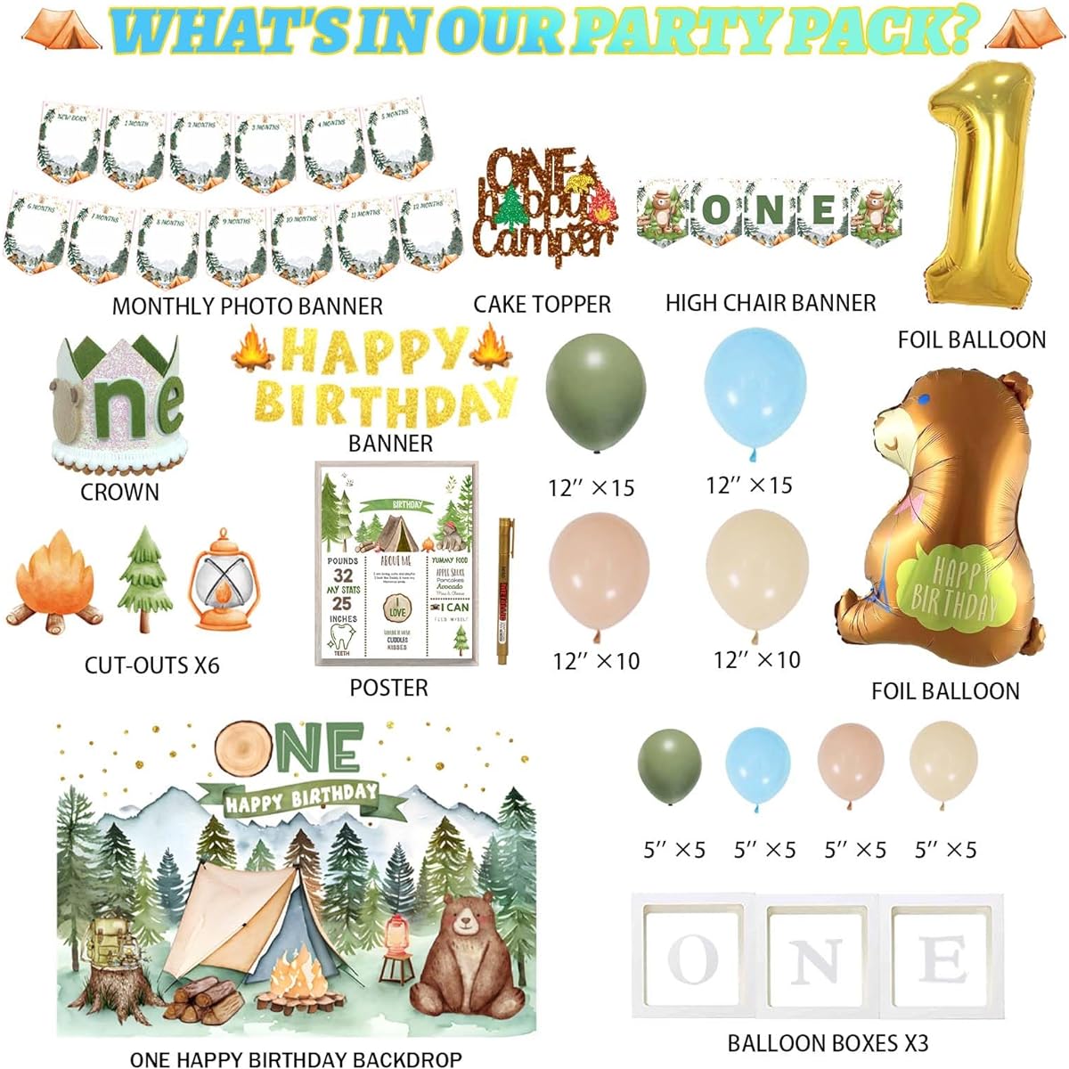 Fiesec Happy Camper Birthday Decorations, 94 Pieces Camping 1st Birthday Party Decorations Backdrop Balloon Garland Monthly Photo Highchair Banner Cake Topper Box Cutout Crown Poster Forest Tent