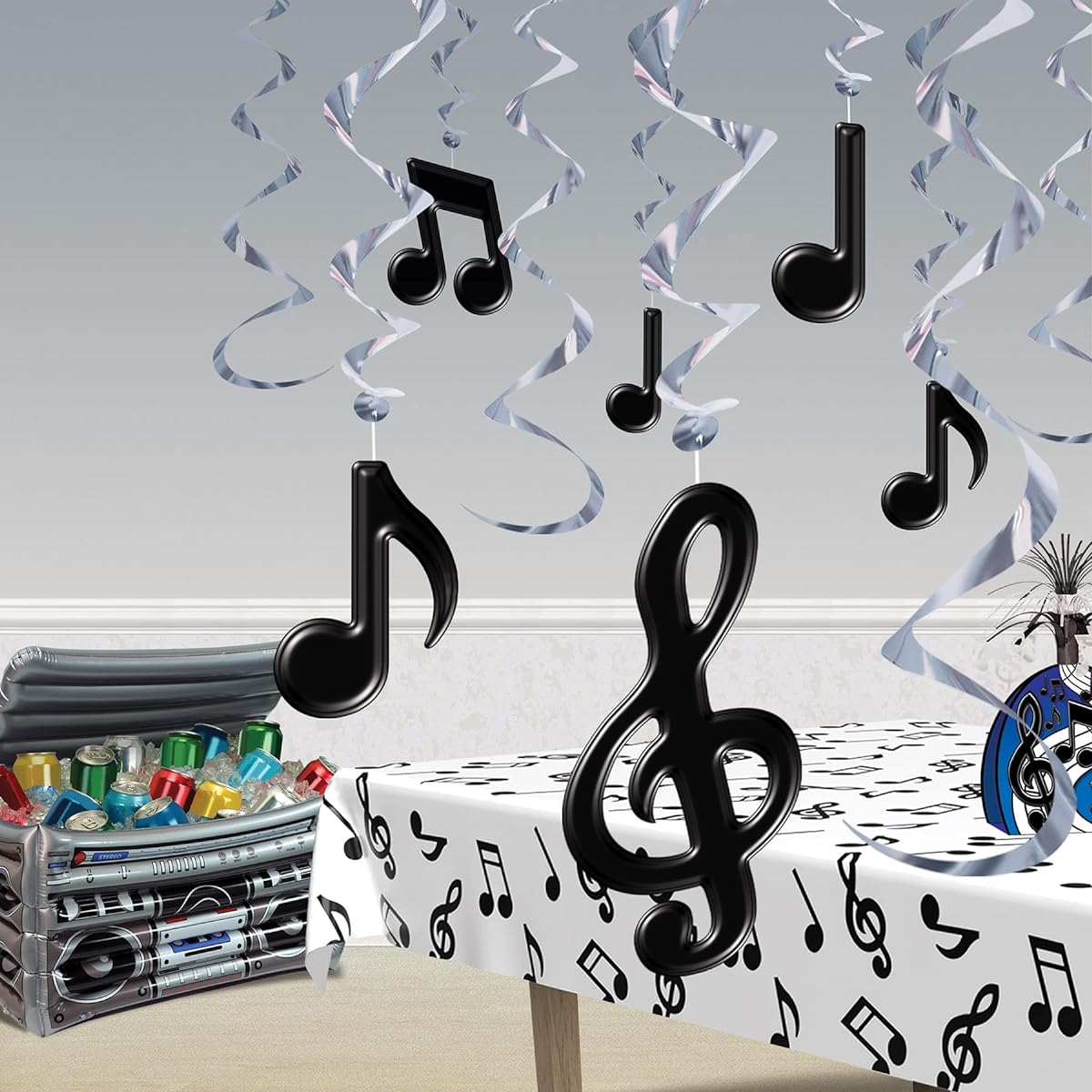 Beistle 36 Pieces Music Note Decorations Hanging Swirls for Band Recital Baby Shower Party Supplies Bulletin Board Classroom Decor 17.5"-32", Silver/Black
