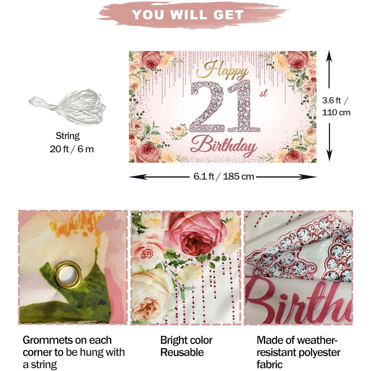 HTDZZI 21st Birthday Decorations for Her Rose Gold Happy 21st Birthday Backdrop Banner Pink Floral 21st Birthday Party Photo Booth Props Outdoor Indoor Fabric 6ft x 3ft