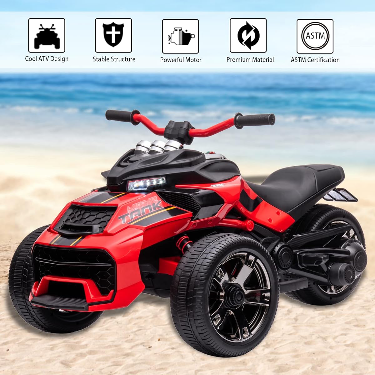 POSTACK Kids ATV 24V Battery Powered Electric Vehicle Tricycle Riding Motorcycle Rubber Plastic Polymer EVA Tire LED Light Music Toddler Boys Girls Gift 3-5 Red