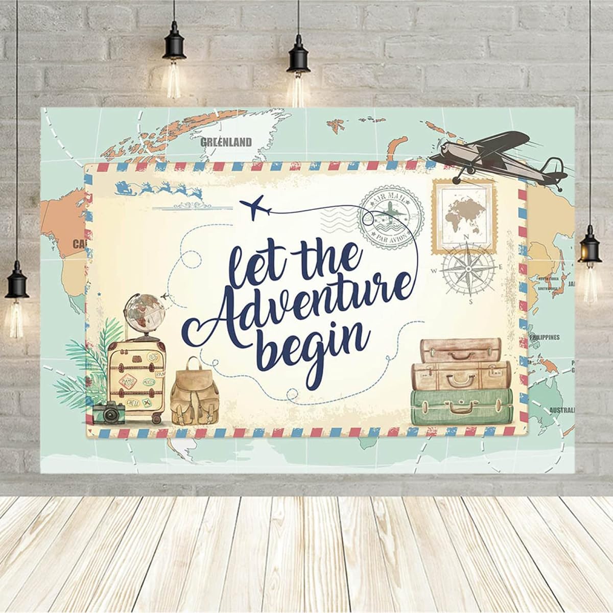 Let The Adventure Begin Photography Backdrop Awaiting the Adventure Baby Shower Birthday Party Decorations 1st Birthday Newborn Welcome Party Photo Background Map Airplane Stamp Decor 7x5ft