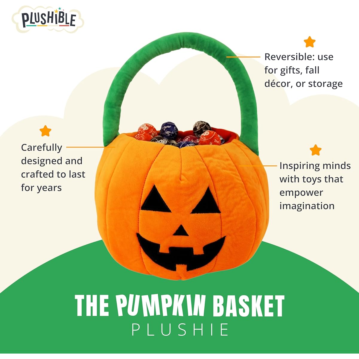 Plushible Trick or Treat Halloween Orange and Black Plush Pumpkin Fabric Treat Basket