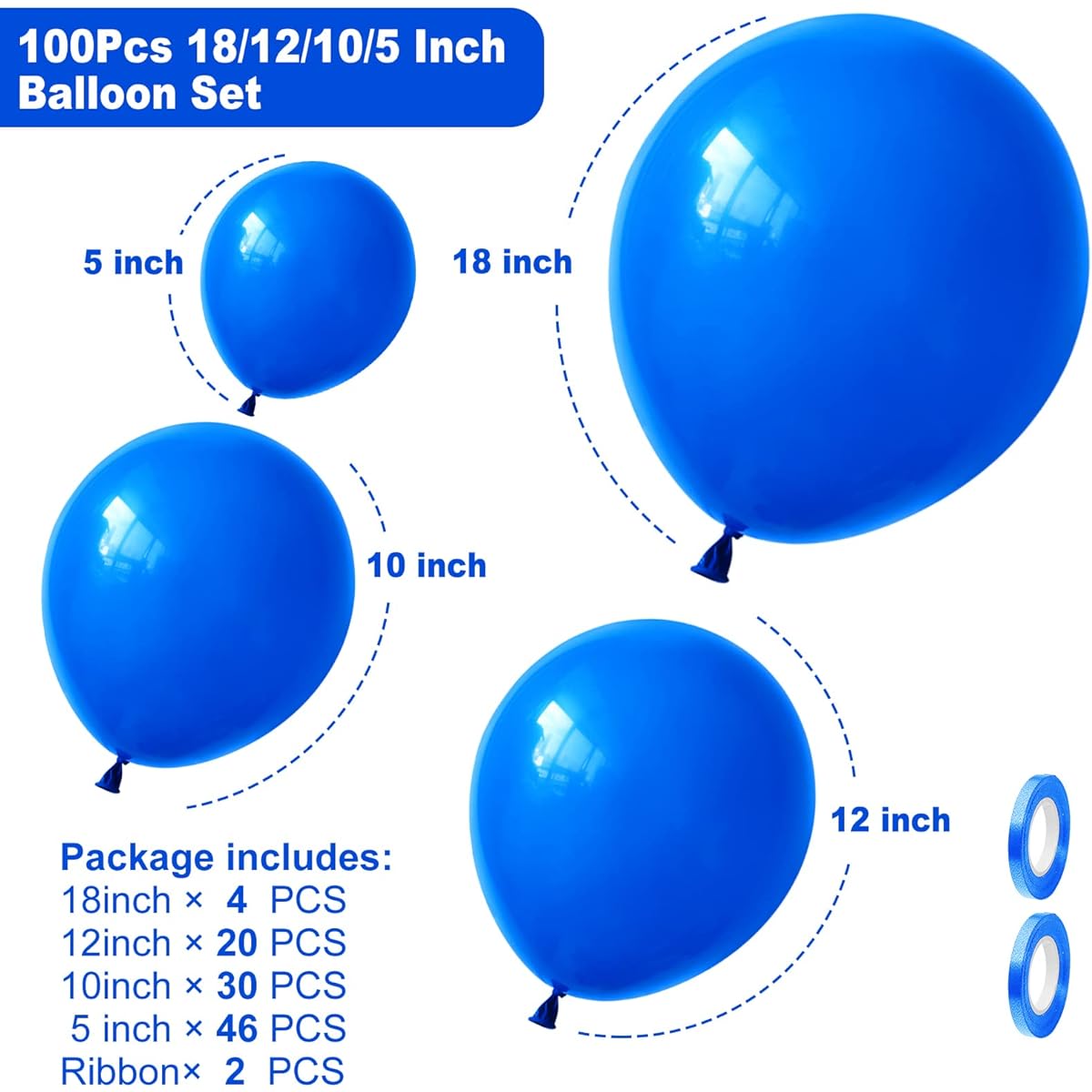 100 Pieces Royal Blue Balloons 18 12 10 5 Inch Royal Blue Balloons Different Size Pack Matte Royal Blue Latex Party Balloon Garland Arch Kit for Baby Shower Anniversary Gender Reveal Birthday Decorations