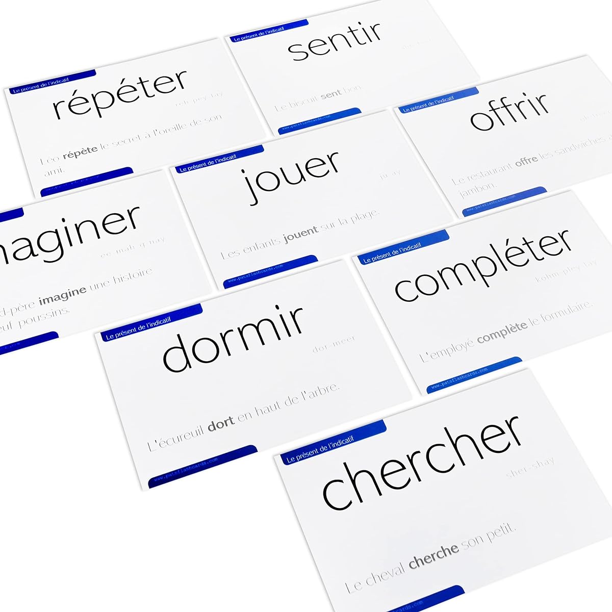 200 French Verb Conjugation Present Tense Flashcards with complete examples in both French and English