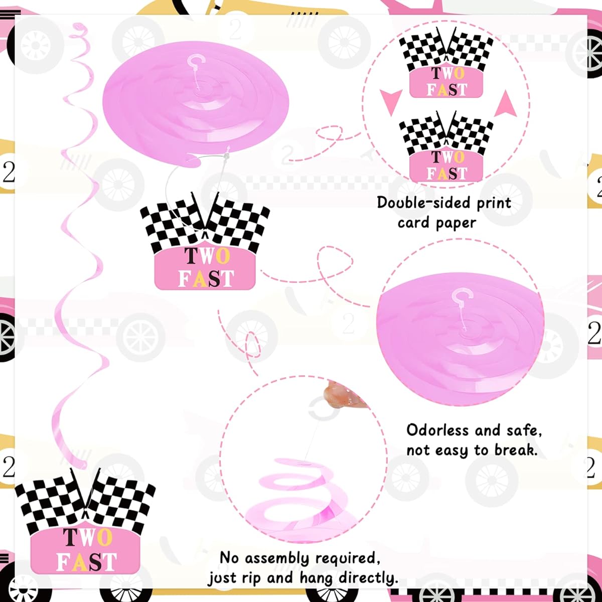 K KUMEED Pink Lace Car Hanging Swirls 2 Fast Party Decorations Checkerboard Party Supplies Lace 2 Fast Birthday Party Foil Ceiling 2nd Birthday Decorations for Girls