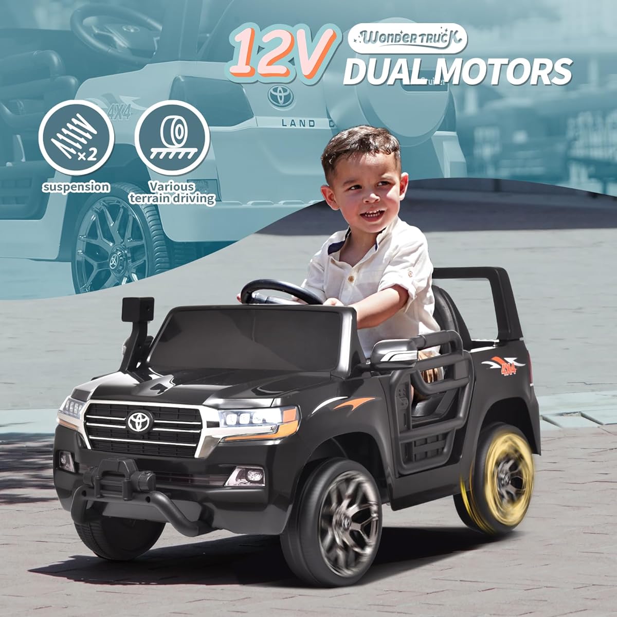 Joywhale 12V Kids Truck Ride Toyota Battery Powered Electric Wonder Truck for Kids Perfect Car Size Remote Control Spring Suspension Music DIY & Storage Space Black